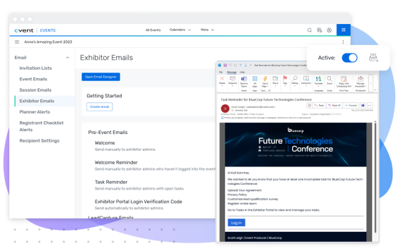 Exhibitor Management - Value Prop 4 showing the task reminder for BlueCorp Future Technologies Conference.