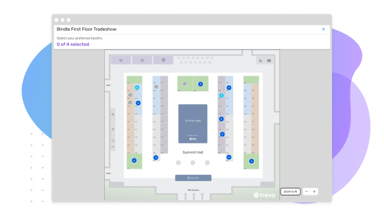 A floor plan of a venue with booth options highlighted on the screen.