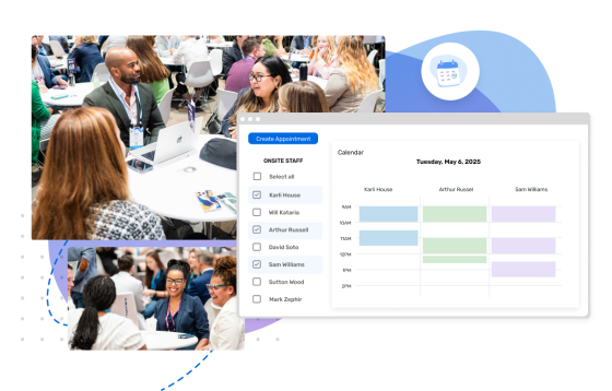 Exhibitor Portal Value Prop 3, with a calendar, and a screenshot of people at a conference.