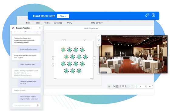 Screenshot of the Hard Rock Cafe floor plan showing the Live stage area and 3D room.