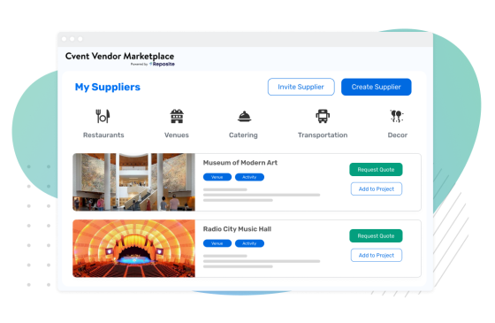 My Suppliers page showing a list of venues on the left and options to invite and create suppliers on the right.