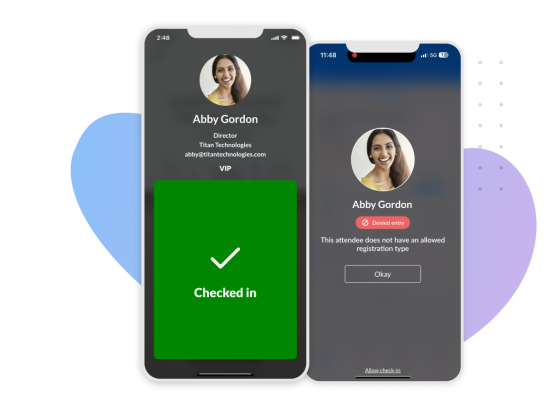 Two phones displaying Abby Gordon's information and check-in status with denied entry message on the right phone.