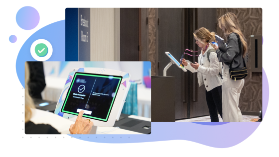 A collage of images of people using electronic devices in an event hall.