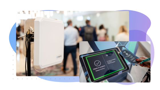 Event Connect app on a tablet with a QR code and a scanner for digital check-in.