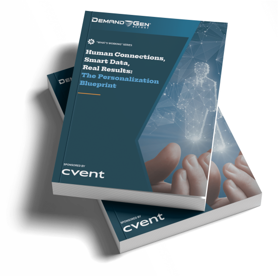 Personalization blueprint report cover showing hands, a human outline, and DemandGen and Cvent logos.