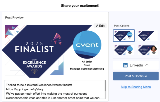 A screenshot of a LinkedIn post with an award badge, LinkedIn logo, and Post and Continue button.