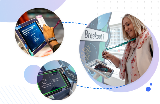 Two images showing people checking in at an event with a caption stating 'Breakout 1' above.