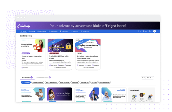 Cvent Celebrity homepage showing the main page with a new journey and the leaderboard.