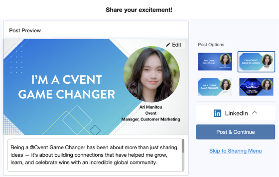 Share your excitement! I'm a Cvent Game Changer - LinkedIn post preview and post options on a website.