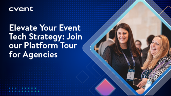 Two smiling women at an event, with "elevate your event tech strategy" text on a blue background.