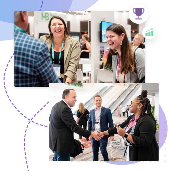 Two photos show people networking at a professional event. The top photo features two individuals laughing and engaging in conversation at a booth, while the bottom photo shows a handshake between two people in a conference setting, with others interacting in the background. The atmosphere is friendly and professional, with event badges visible.