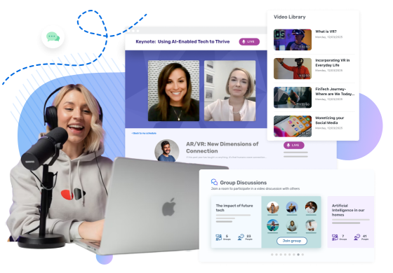 A collage of diverse people engaging with digital devices and virtual event interfaces, featuring video calls, group discussions, event libraries, and interactive chat elements, visually representing a variety of use cases and solutions for virtual engagement and communication.