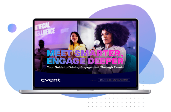 A laptop screen displays a vibrant event-themed presentation titled "Meet Smarter, Engage Deeper," emphasizing engagement strategies.