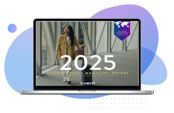A laptop displays the cover of the "2025 Global Travel Managers Report" featuring a modern architectural background.