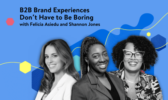 Optimized for new accessibility standards, the image alt text should be:  Felicia Asiedu and Shannon Jones seated together, smiling, with podcast microphones, podcast title text, and graphics highlighting creative, authentic B2B marketing, AI, and engaging modern buyers.