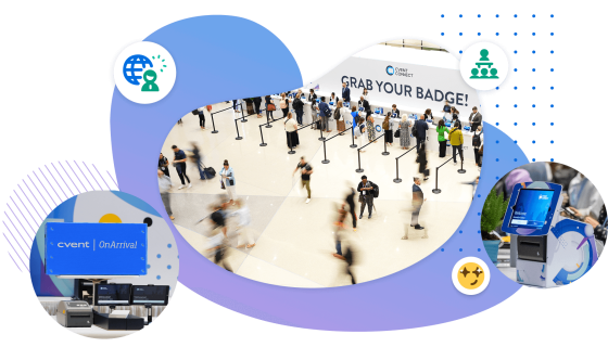 Illustration of Cvent's badging, check-in, and onsite solutions, featuring event staff assisting attendees at a registration desk with digital check-in kiosks, badge printing, and branded signage.