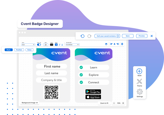 Cvent attendee badge creator interface showing two sample badges with logo, name fields, QR code, and action icons.