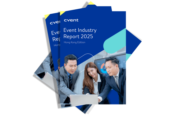 Three professionals interact over a laptop displaying the "Event Industry Report 2025", colorful graphics in the background.