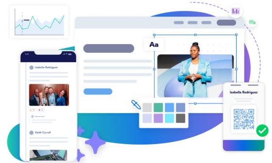 A virtual event page showing engagement analytics, event feeds, attendee registration, and attendee QR code.