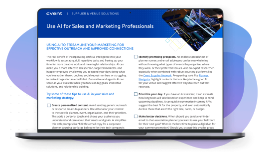 A laptop screen displays a guide on using AI for sales and marketing, featuring tips for improving outreach and connections.