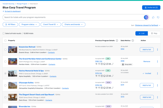Illustration of cvent's travel software which shows a bunch of hotels and add to list options.