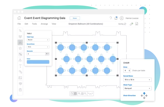 Illustration of cvent's event diagramming software which shows different customizations.