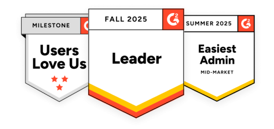 Three G2 awards for Users Love Us, Fall 2025 grid leader, and Easiest admin, all for Summer 2025.