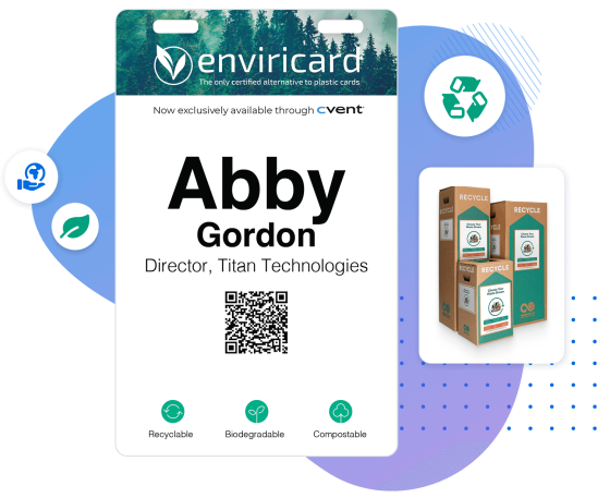 A conference badge for Abby Gordon, Director at Titan Technologies, featuring the enviricard logo and branding. The badge states it is exclusively available through Cvent and includes the Terracycle logo. It highlights that the badge is recyclable, biodegradable, and compostable, and displays a QR code at the center. The background includes eco-friendly icons and a forest image at the top.