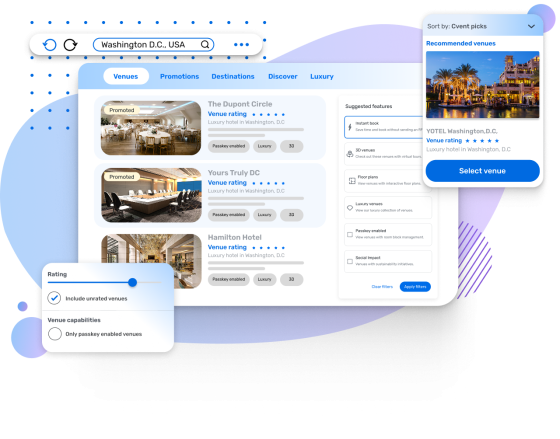 illustration of cvent's venue sourcing product with ratings on the left and filtration options on the right.