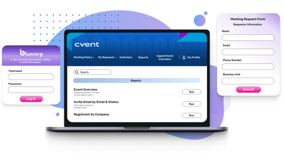 Illustration of Cvent's access portal with a registration form on the right and log in field on the left.