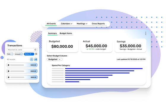 Illustration of cvent's budget management product showing spend categories and transactions.
