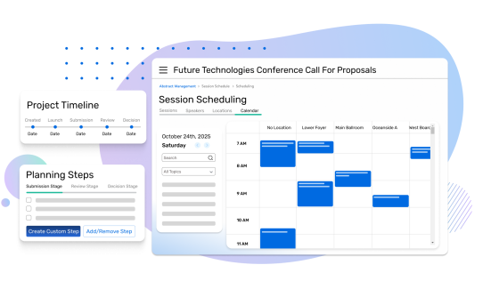 Illustration of cvent's abstract management software which shows scheduling and project steps and timeline.