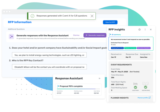 RFP ai assistants surrounding a desktop view of a RFP showcase