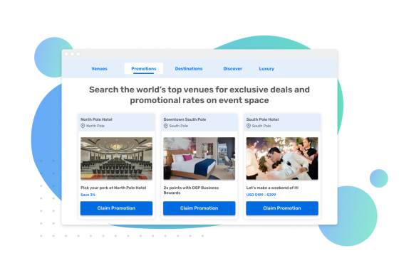 The promotions page, highlighting three venue promotions