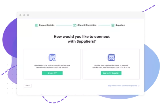 Illustration of Cvent vendor marketplace which talks about Create an RFP and find vendors with AI