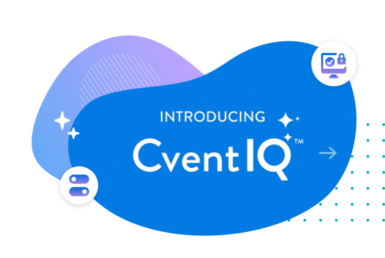 A blue blob with cvent iq written on it surrounded by icons for on/off privacy settings and icon for device privacy security