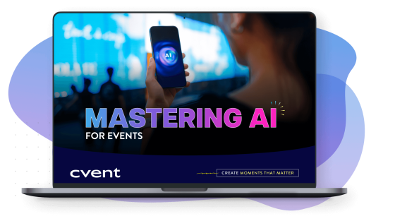A laptop displays a promotional image for "Mastering AI for Events" by Cvent, featuring a person holding a smartphone with an AI graphic.