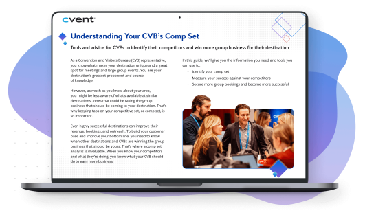 A laptop displays a guide for Convention and Visitors Bureau representatives on identifying competitors and boosting group business success.