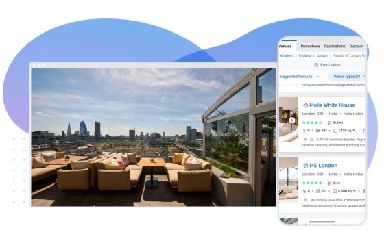 phone screen with online listings and photo of terrace overlooking a city