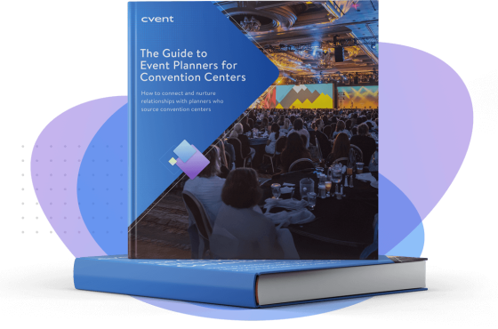 A 3D book titled "The Guide to Event Planners for Convention Centers," with a crowd attending an event in the background.