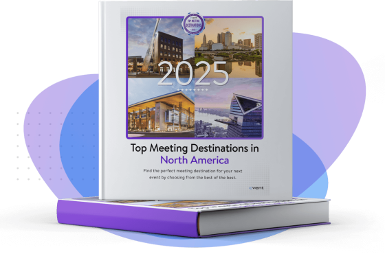 Cover of the 2025 guide "Top Meeting Destinations in North America," showcasing diverse venues for events and conferences.