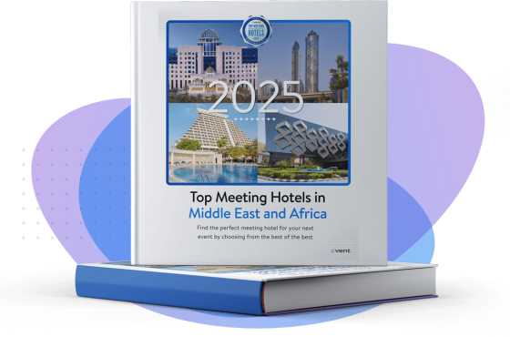 Cover of the "Top Meeting Hotels in Middle East and Africa 2025" book featuring hotel images and event planning tips.
