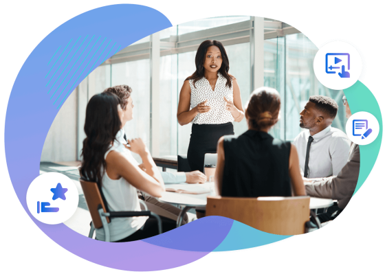 People discussing something on a conference table surrounded by icons of video, testimonial and case study options