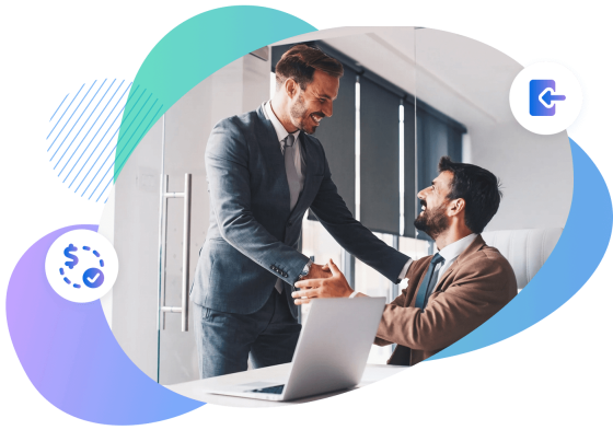 two people shaking hands surrounded by icons of money and log in