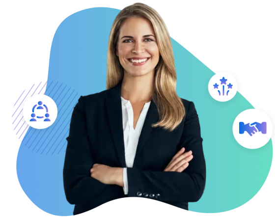 Woman surrounded by icons representing collaboration and rewards