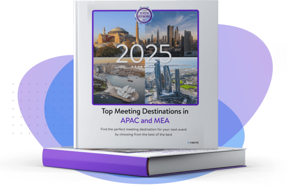 A book cover titled "Top Meeting Destinations in APAC and MEA 2025," featuring iconic landmarks and a sleek design.
