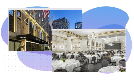 pictures of the exterior of a hotel and the ballroom