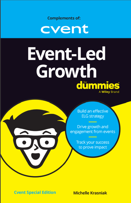 Cover of "Event-Led Growth for Dummies" by Michelle Krasniak, featuring a cartoon face and key strategies for event growth and engagement.