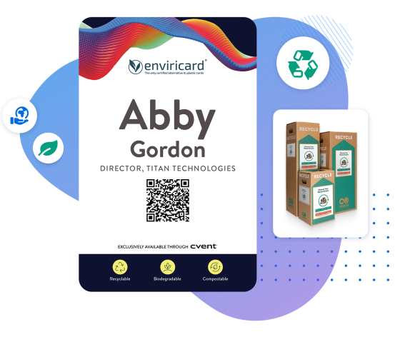 A conference badge featuring the enviricard logo and branding.The background includes eco-friendly icons.