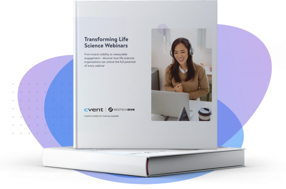 A book titled "Transforming Life Science Webinars" is open, featuring a woman wearing headphones, engaging with a computer.